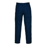 A pair of navy blue work trousers designed for use on construction sites and in industrial work environments.,